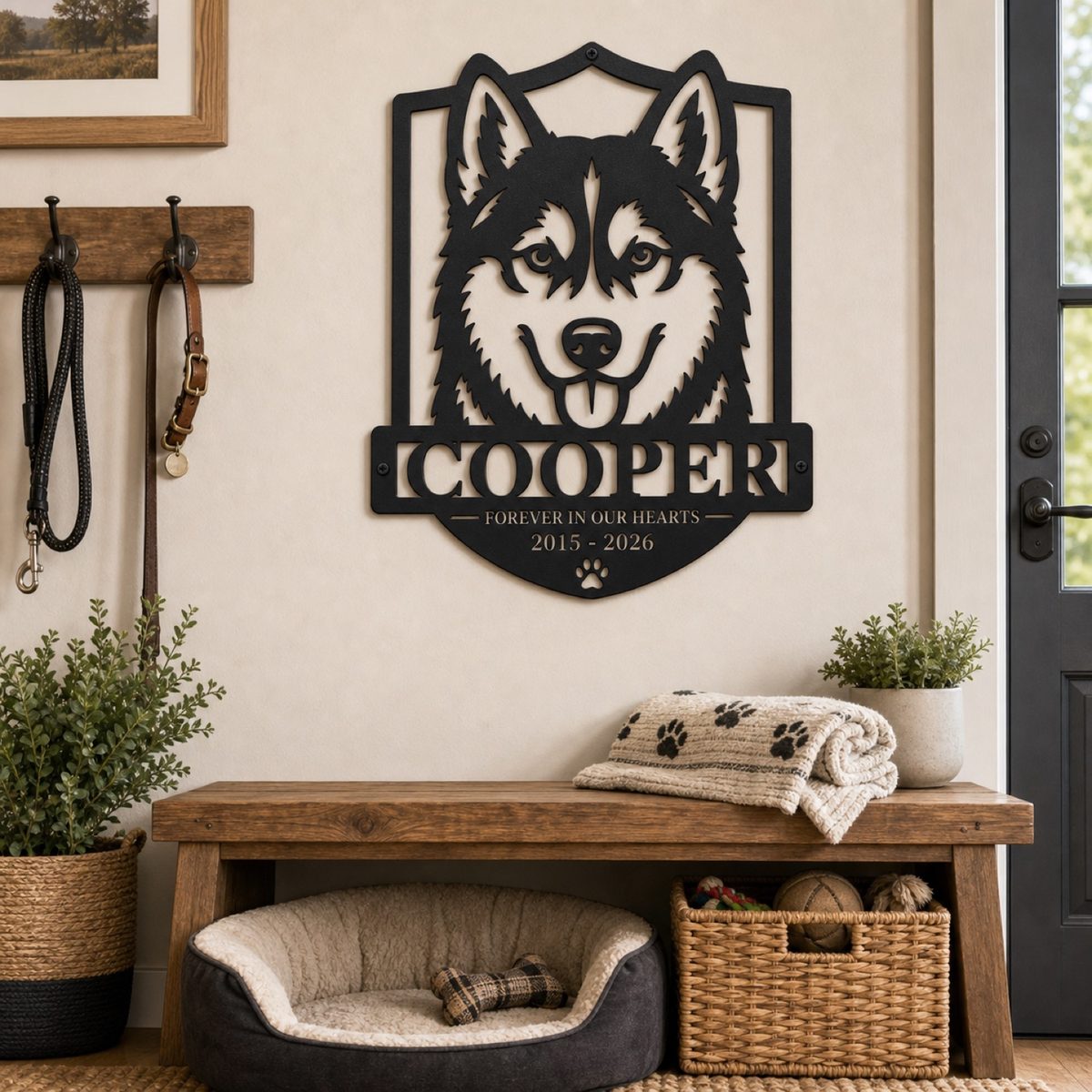 Custom Husky Pet Memorial Metal Sign mounted in a mudroom pet nook above a bench, leash hooks, and a pet bed.
