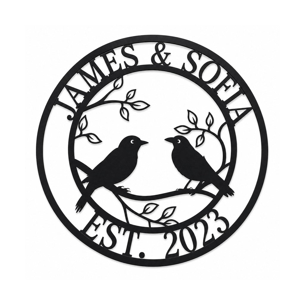 Custom lovebirds family metal sign with names and established year on white background.