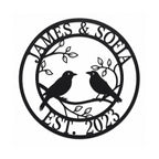 Custom lovebirds family metal sign with names and established year on white background.
