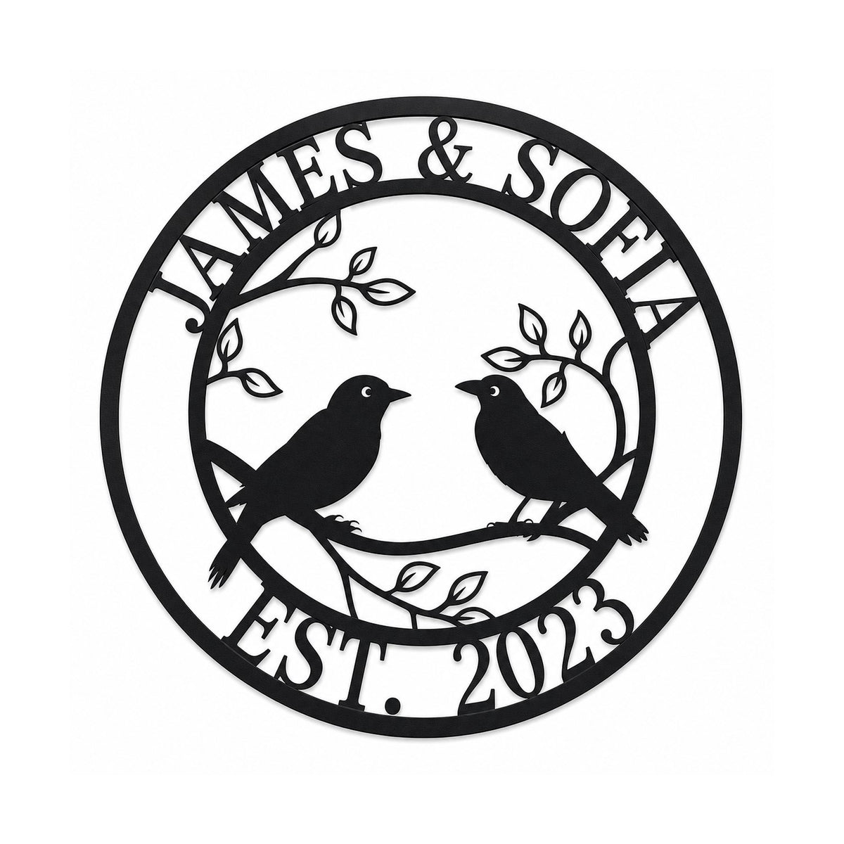 Custom lovebirds family metal sign with names and established year on white background.