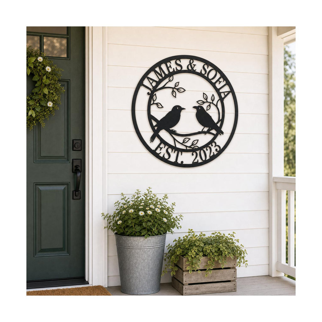 Personalized lovebirds metal family sign displayed on a farmhouse front porch.