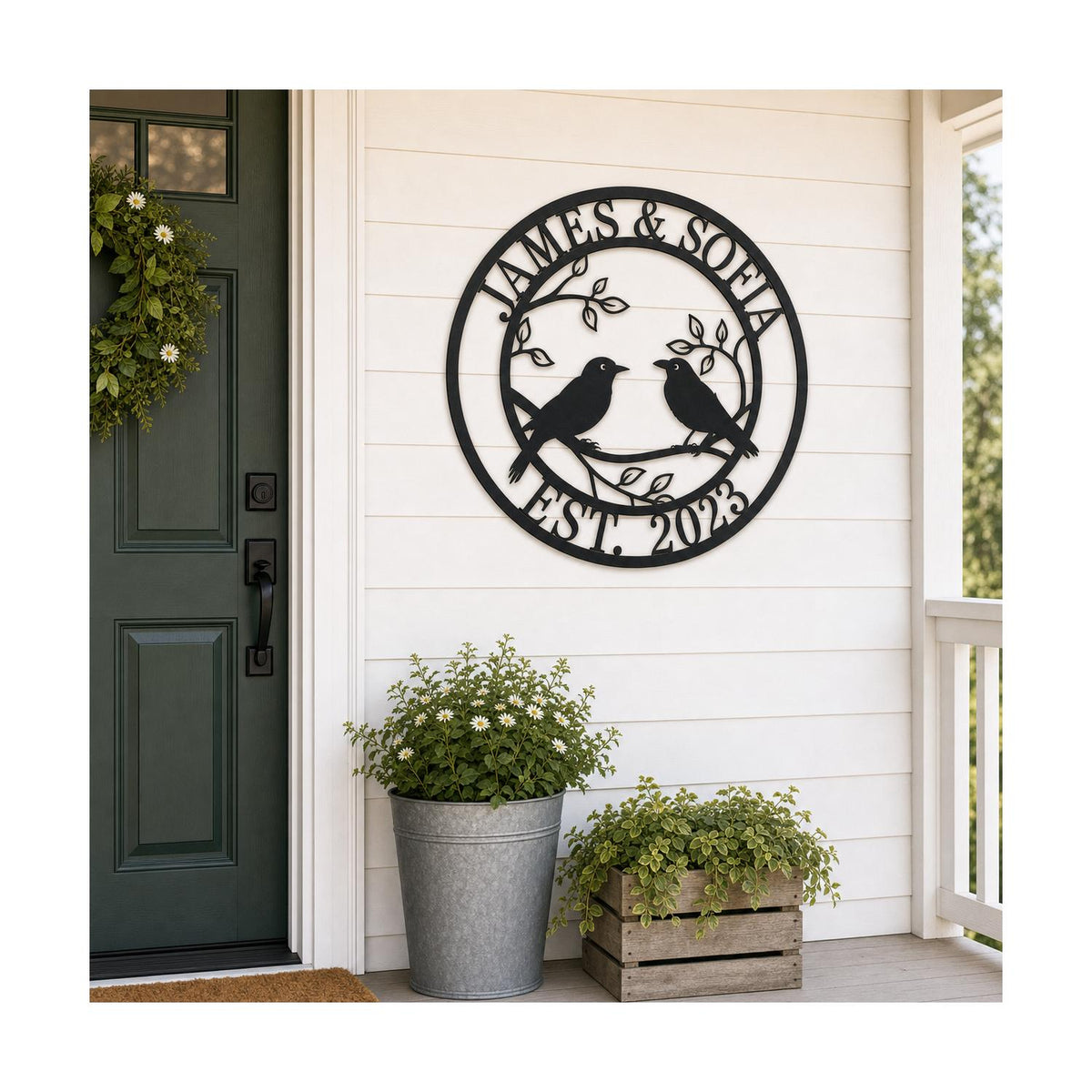 Personalized lovebirds metal family sign displayed on a farmhouse front porch.