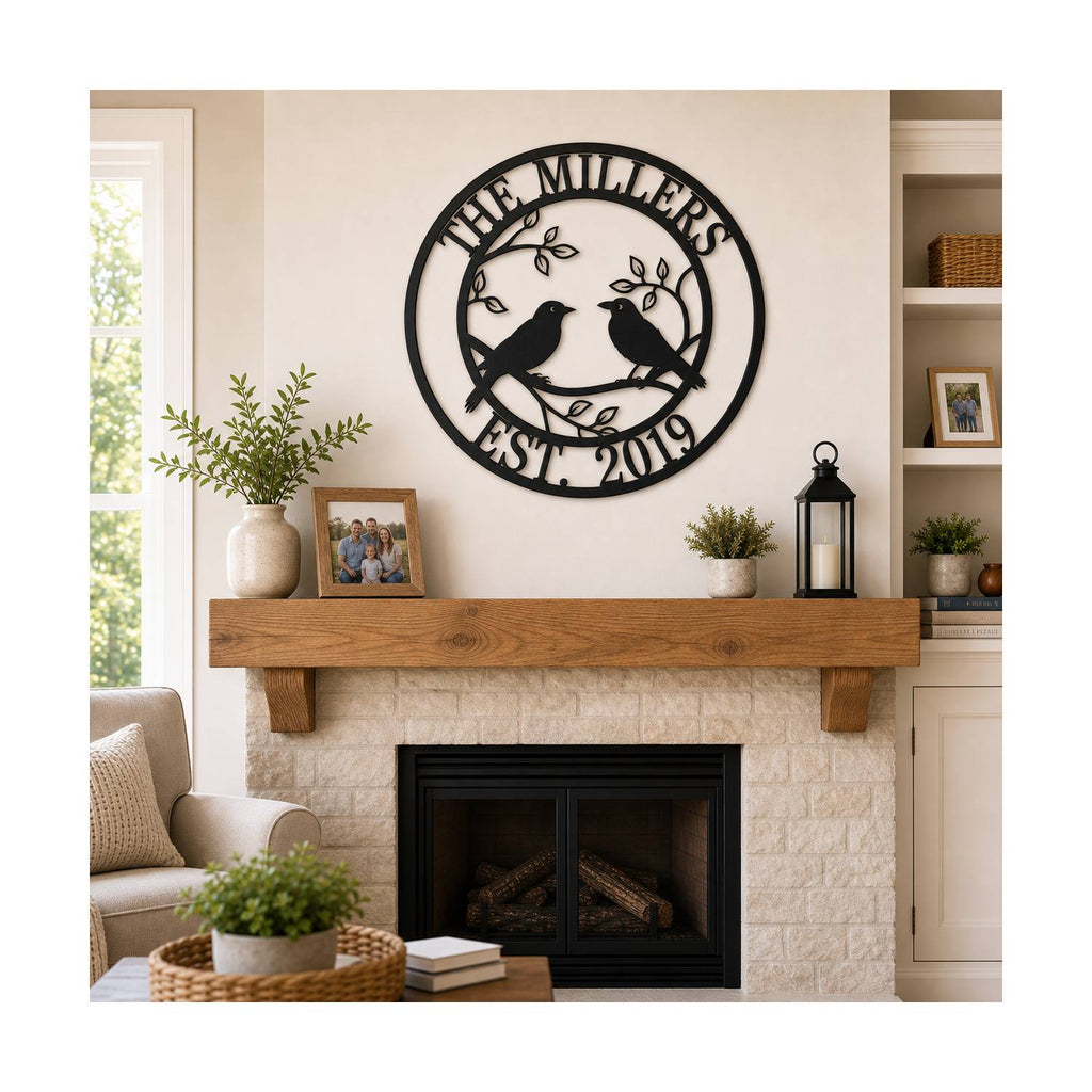 Custom lovebirds family metal wall sign above a living room fireplace mantel.