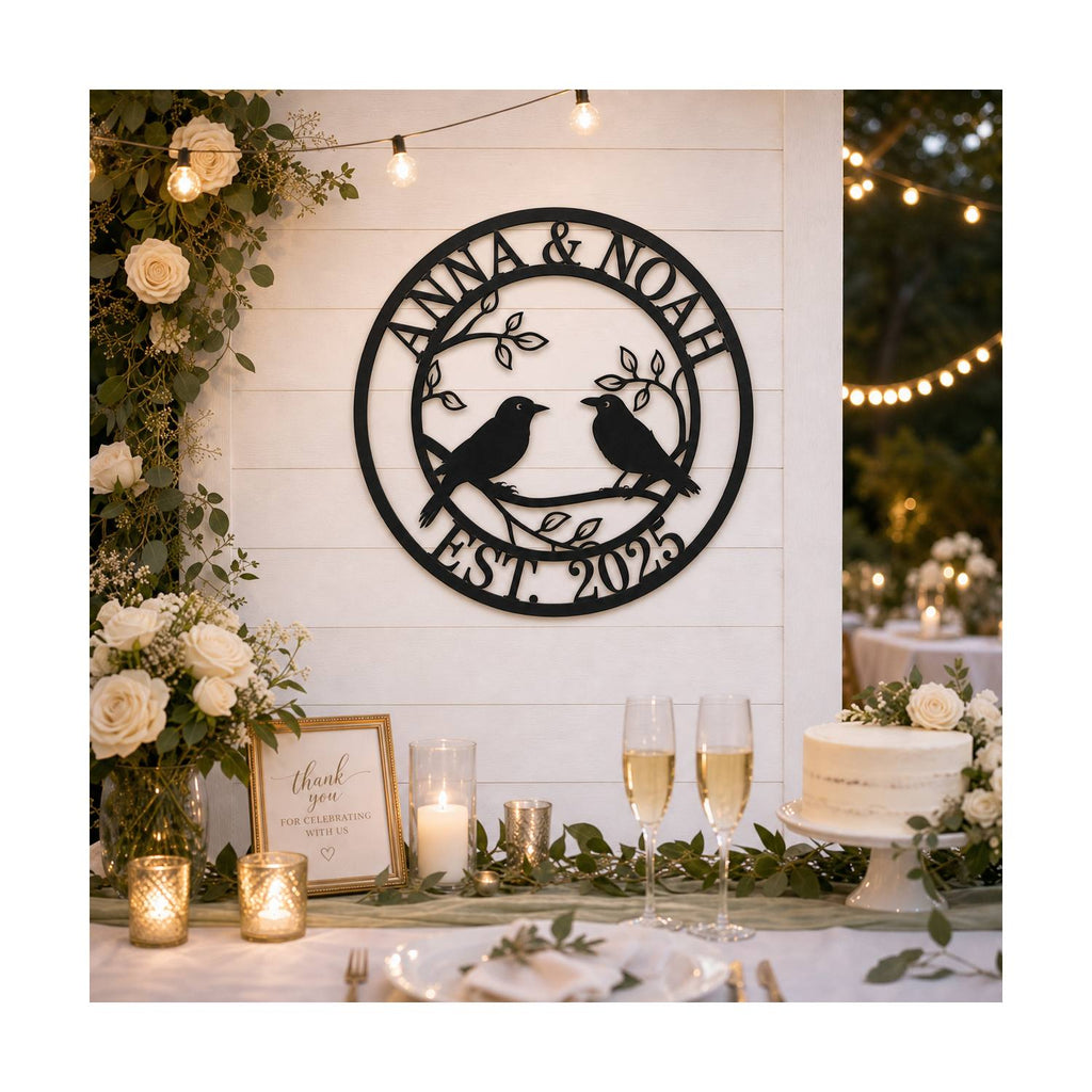 Personalized lovebirds metal sign used as wedding or anniversary decor.