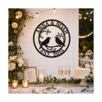 Personalized lovebirds metal sign used as wedding or anniversary decor.