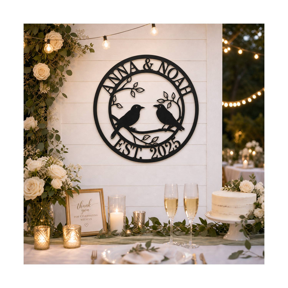 Personalized lovebirds metal sign used as wedding or anniversary decor.