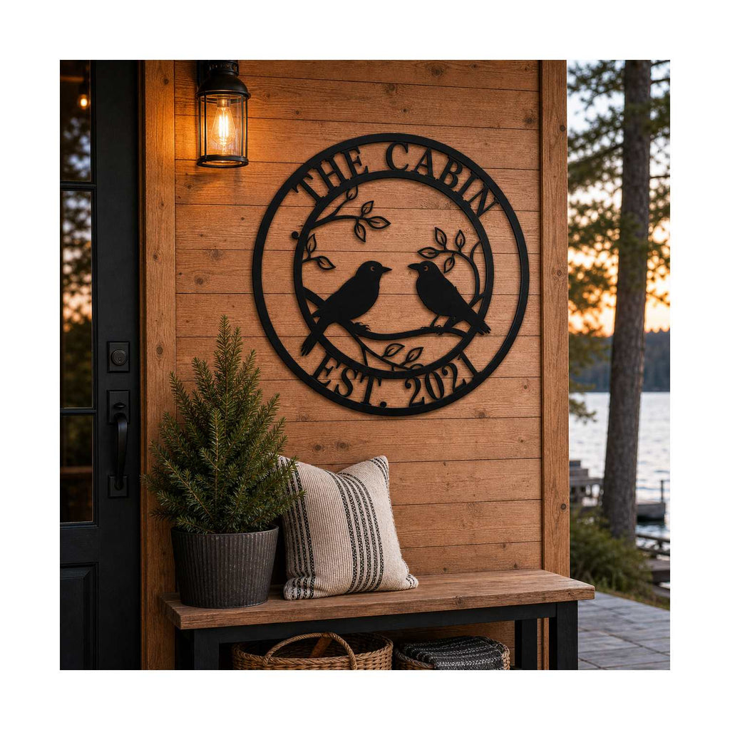 Custom lovebirds metal cabin sign displayed on a warm wood porch wall.