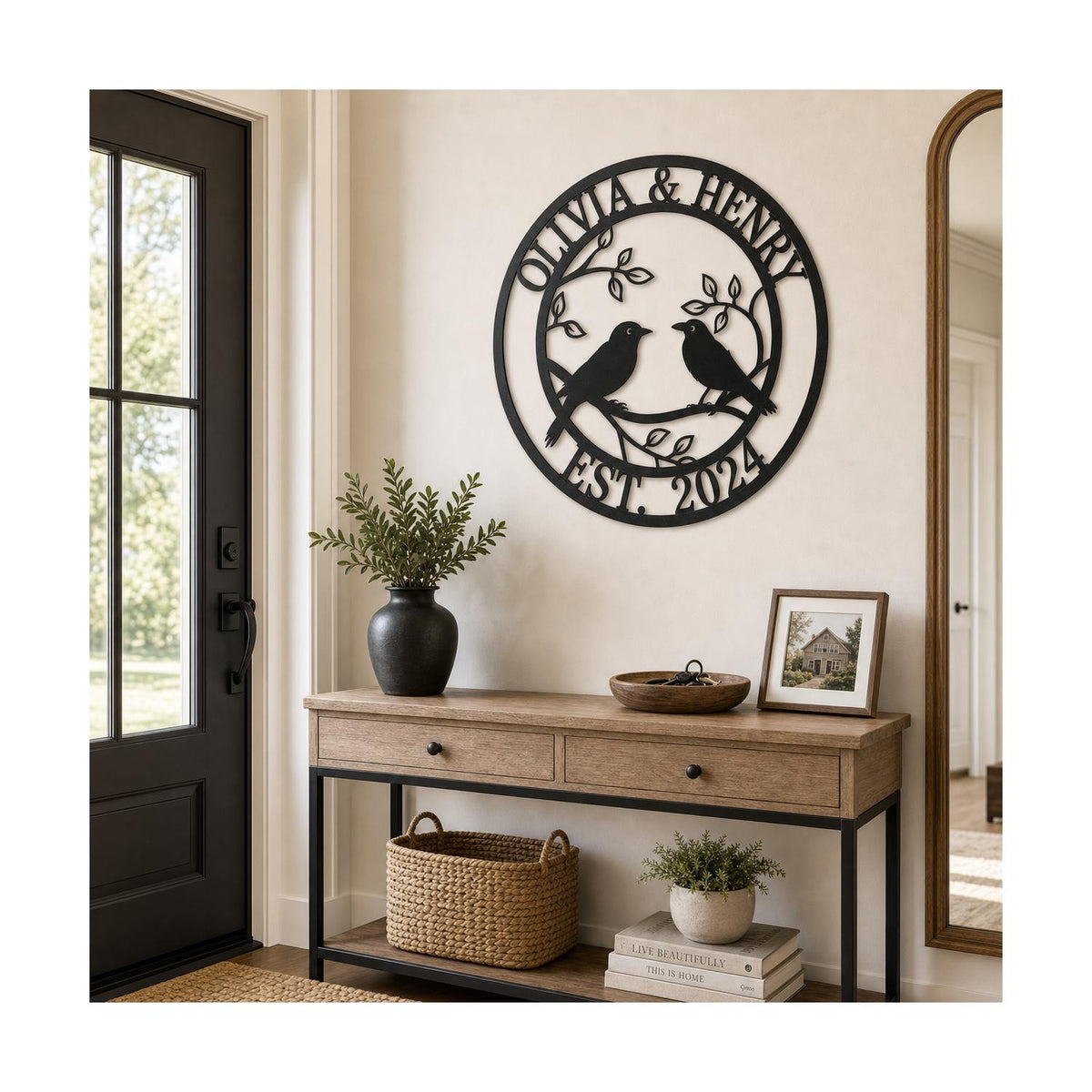 Personalized lovebirds family metal sign styled in a modern entryway.