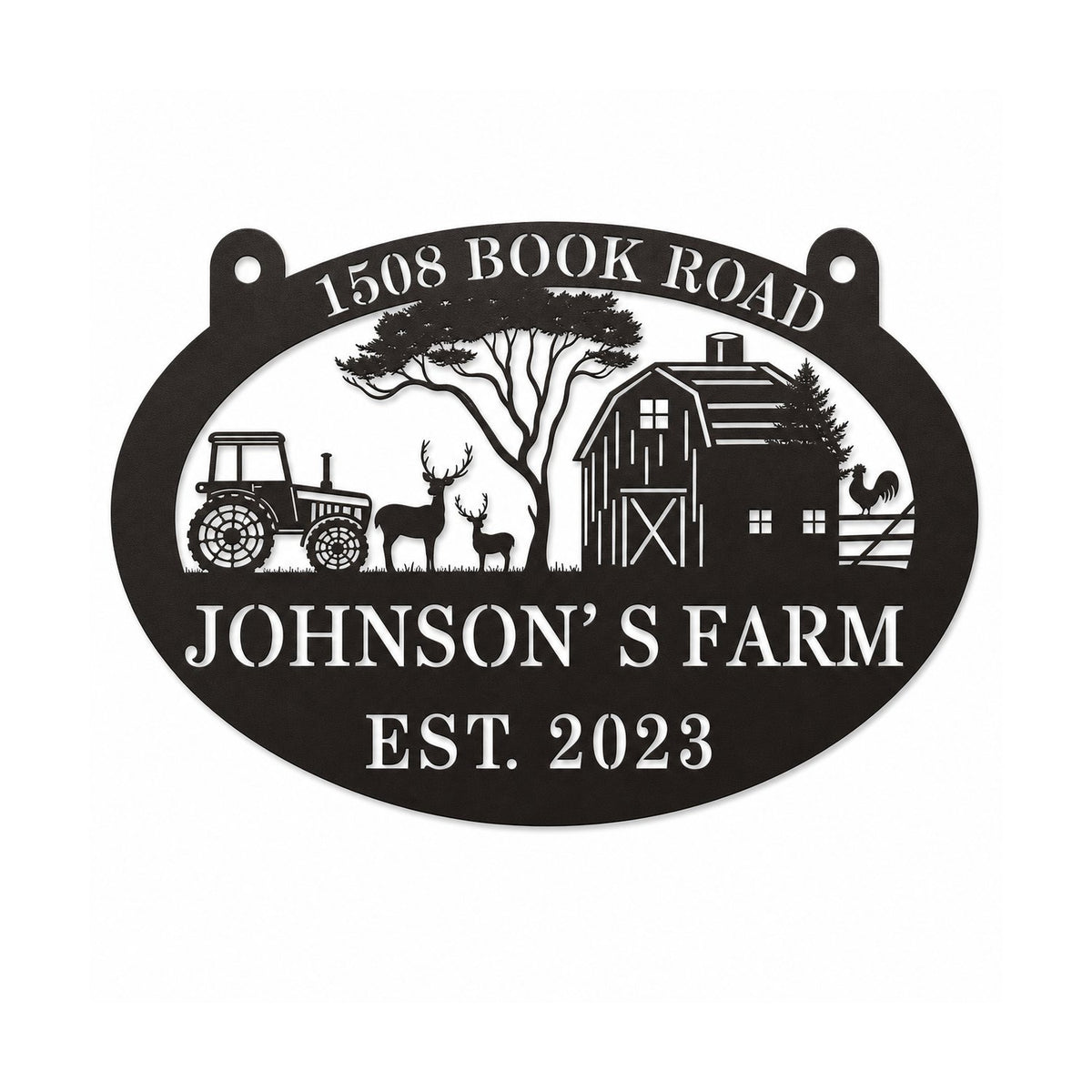 Custom metal farm sign with personalized ranch name and established year on white background. Main image