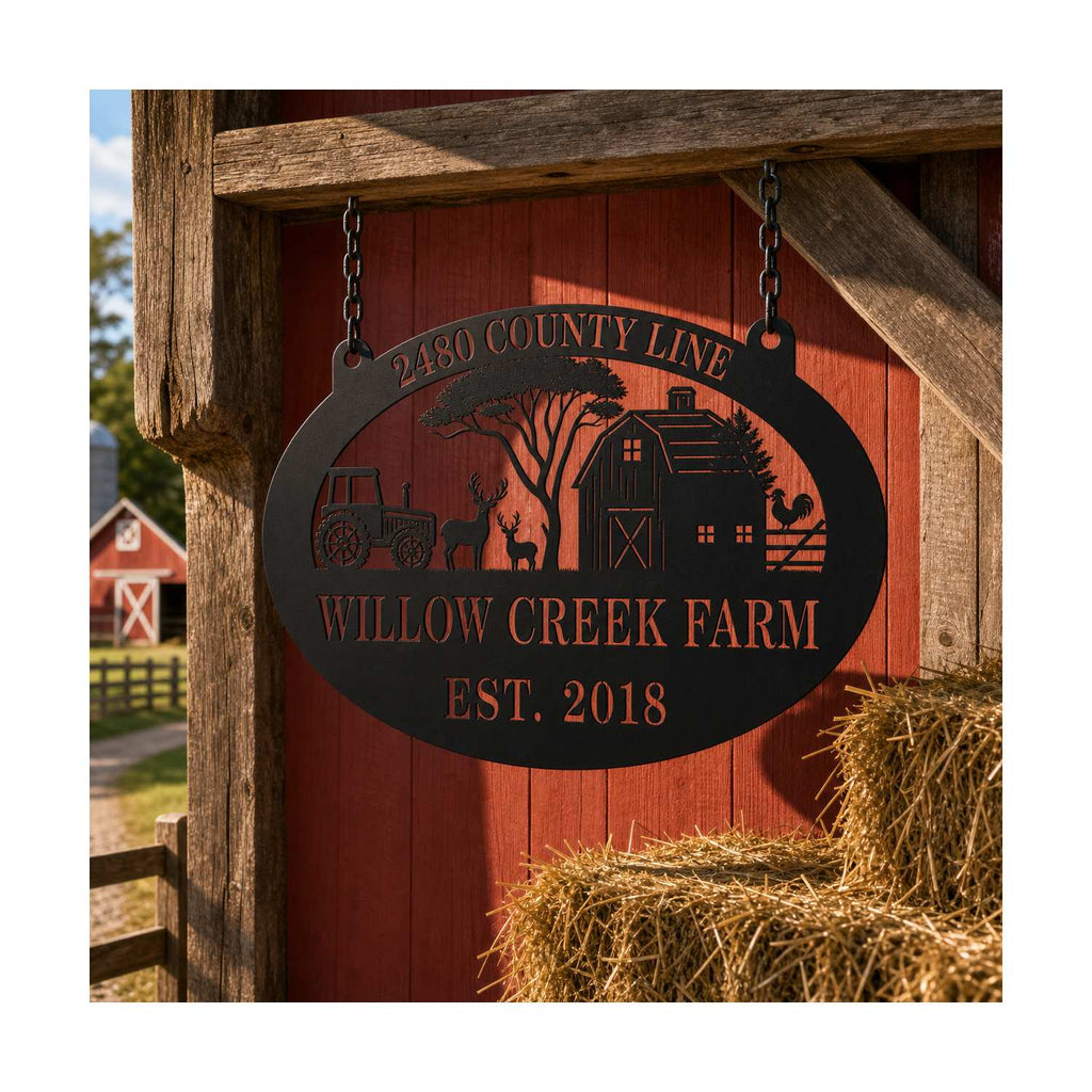 Custom ranch plaque hanging on a red barn with farm name and established year.