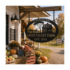 Custom metal farm sign hanging outside a roadside produce stand.