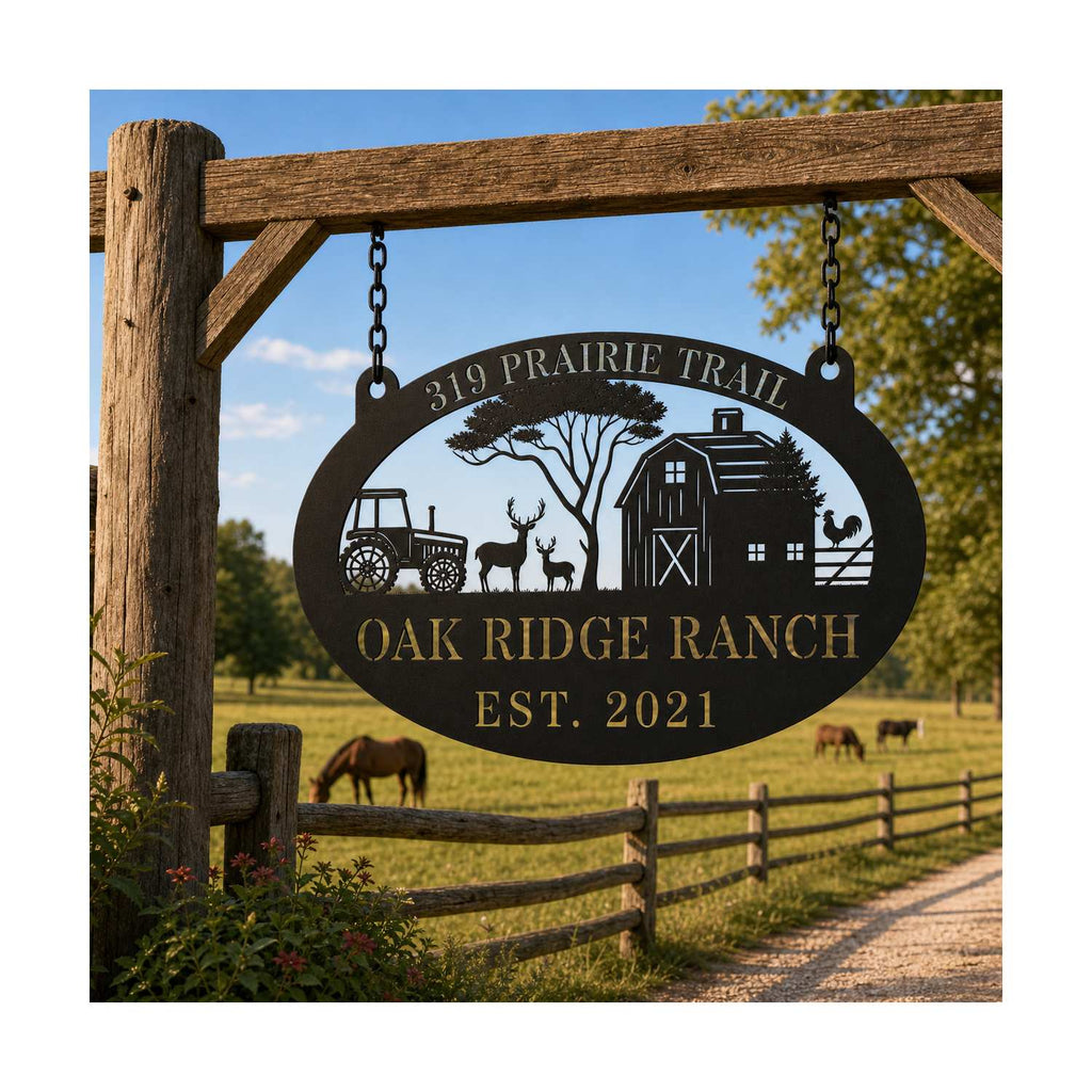 Personalized ranch metal plaque hanging at a pasture entrance.
