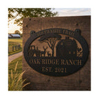 Personalized ranch plaque mounted on a rustic wooden fence.