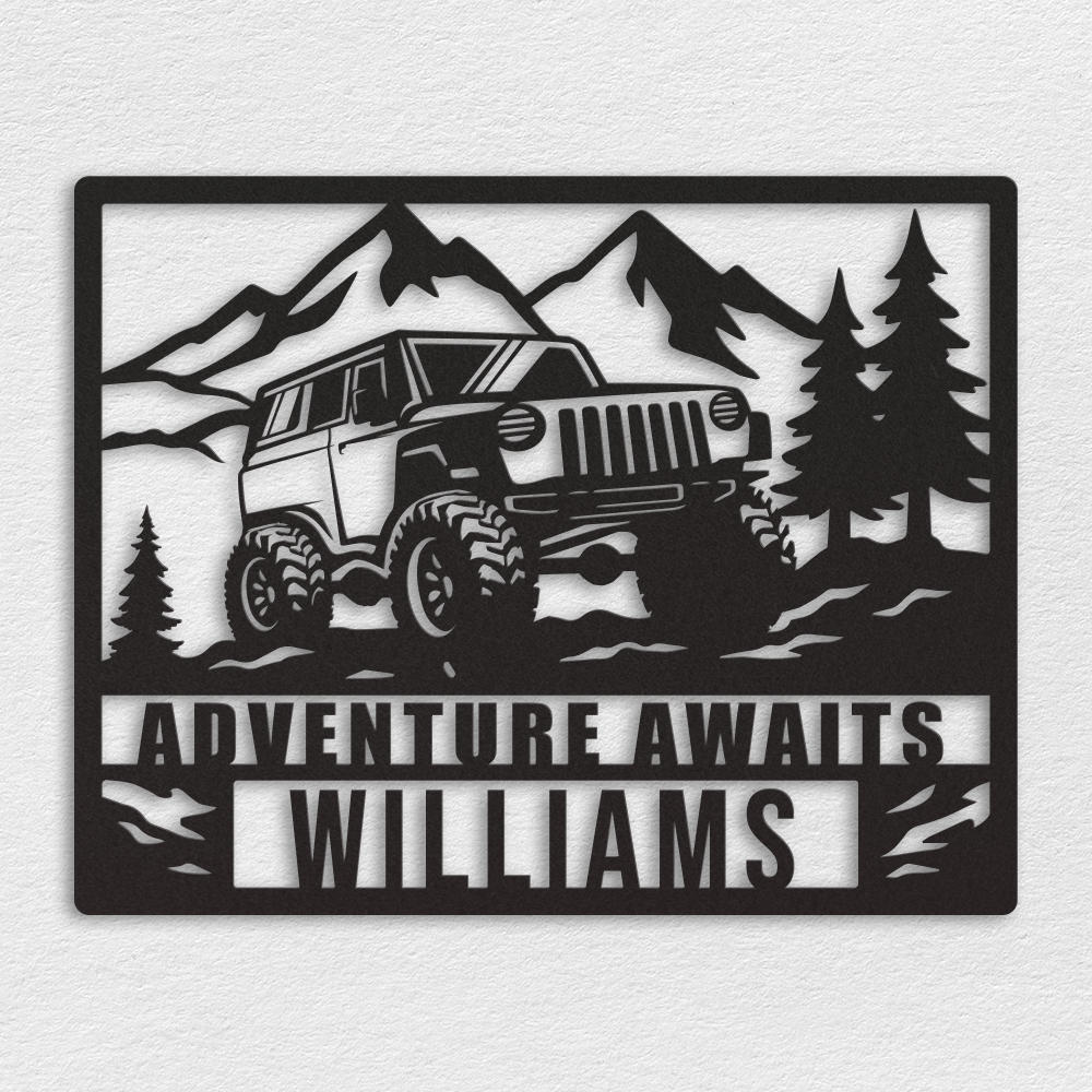 Custom off-road jeep metal wall sign with mountain and pine tree design, personalized with name Main image