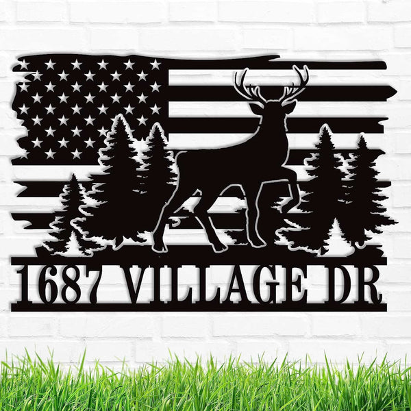 American Flag Deer Address Plaque