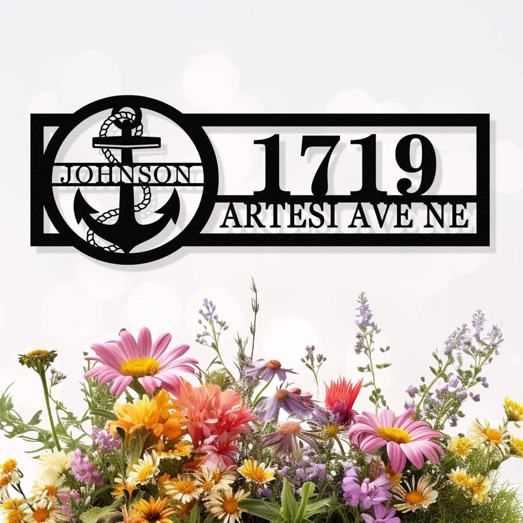 Custom anchor address metal sign with family name Johnson, house number 1719, and street name Artesi Avenue for coastal home décor