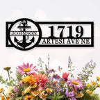 Custom anchor address metal sign with family name Johnson, house number 1719, and street name Artesi Avenue for coastal home décor