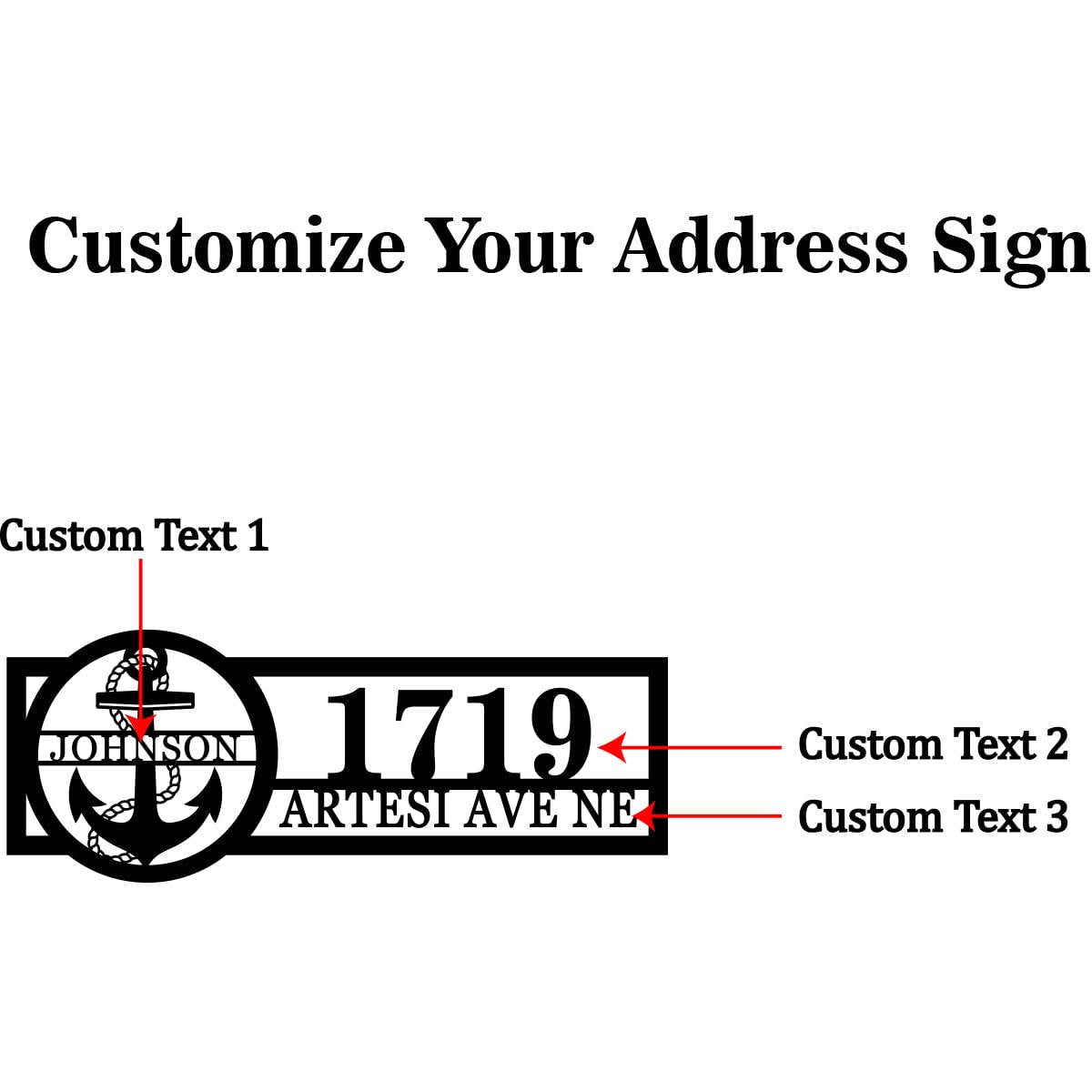 Custom anchor address metal sign with family name Johnson, house number 1719, and street name Artesi Avenue for coastal home décor