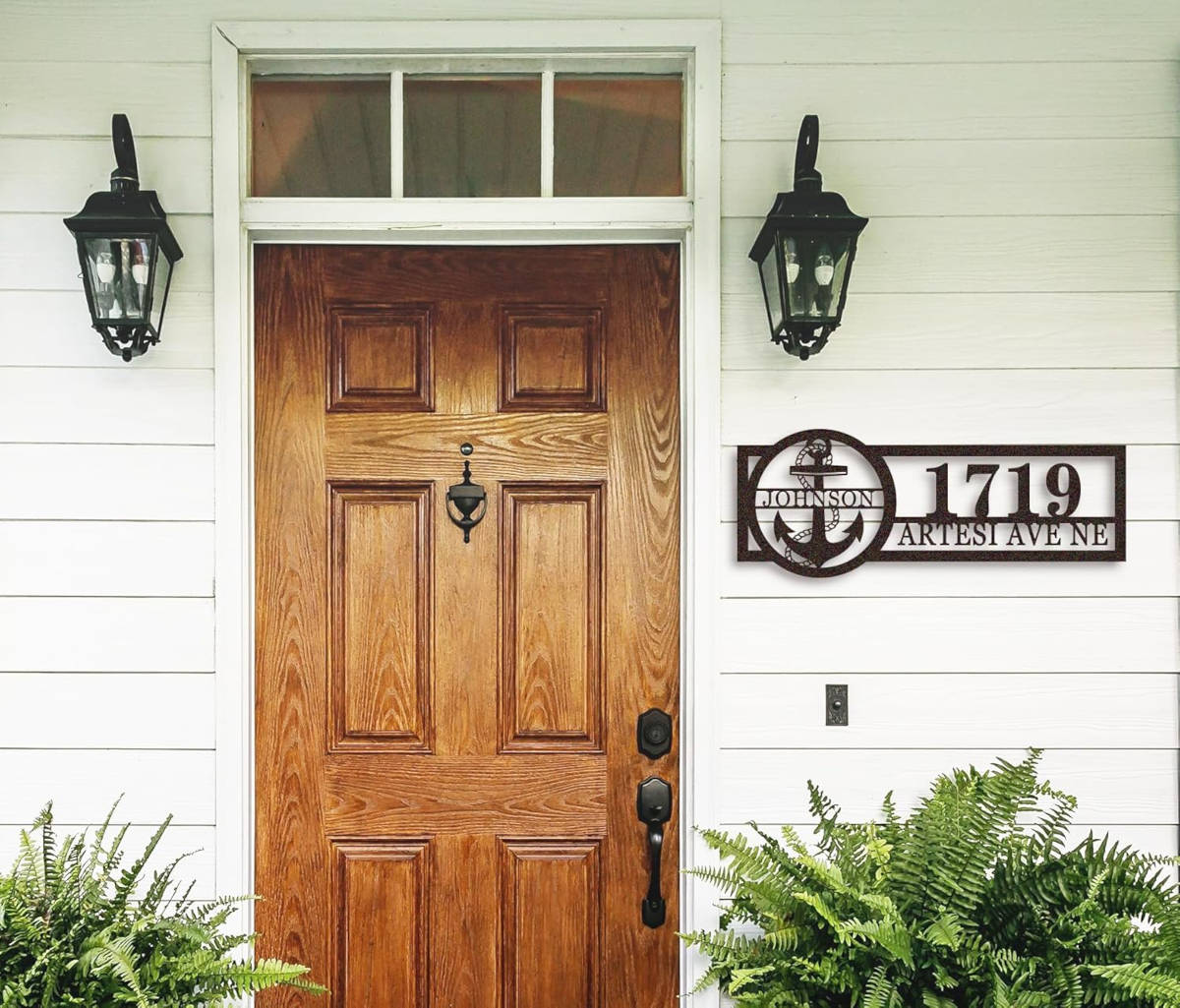 Custom anchor address metal sign with family name Johnson, house number 1719, and street name Artesi Avenue for coastal home décor