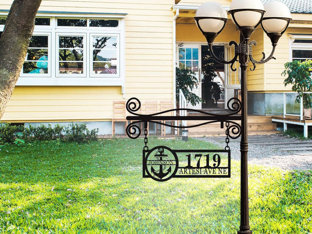 Custom anchor address metal sign with family name Johnson, house number 1719, and street name Artesi Avenue for coastal home décor