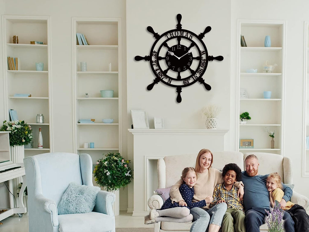 Personalized Nautical Ships Wheel Coordinates Metal Clock