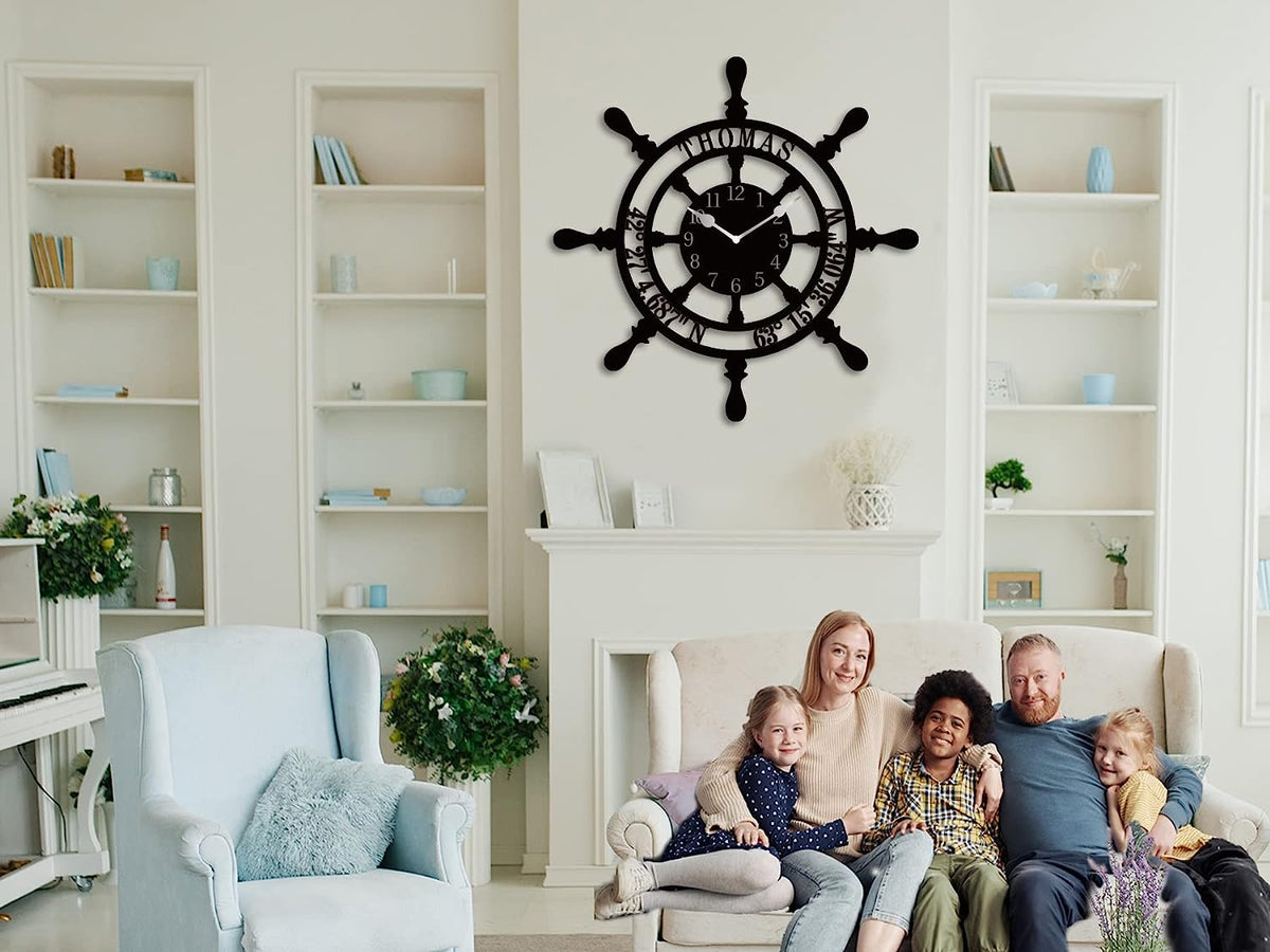 Personalized Nautical Ships Wheel Coordinates Metal Clock