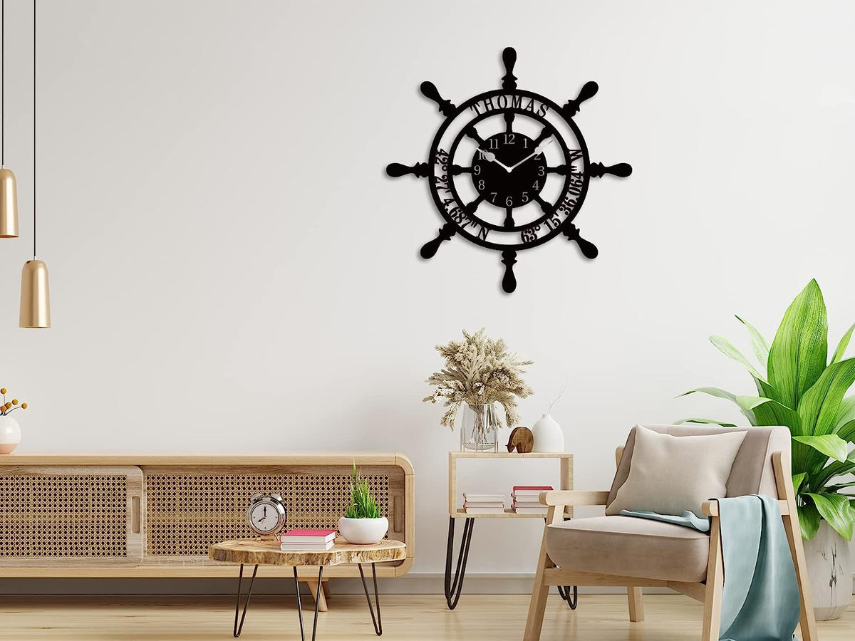Personalized Nautical Ships Wheel Coordinates Metal Clock