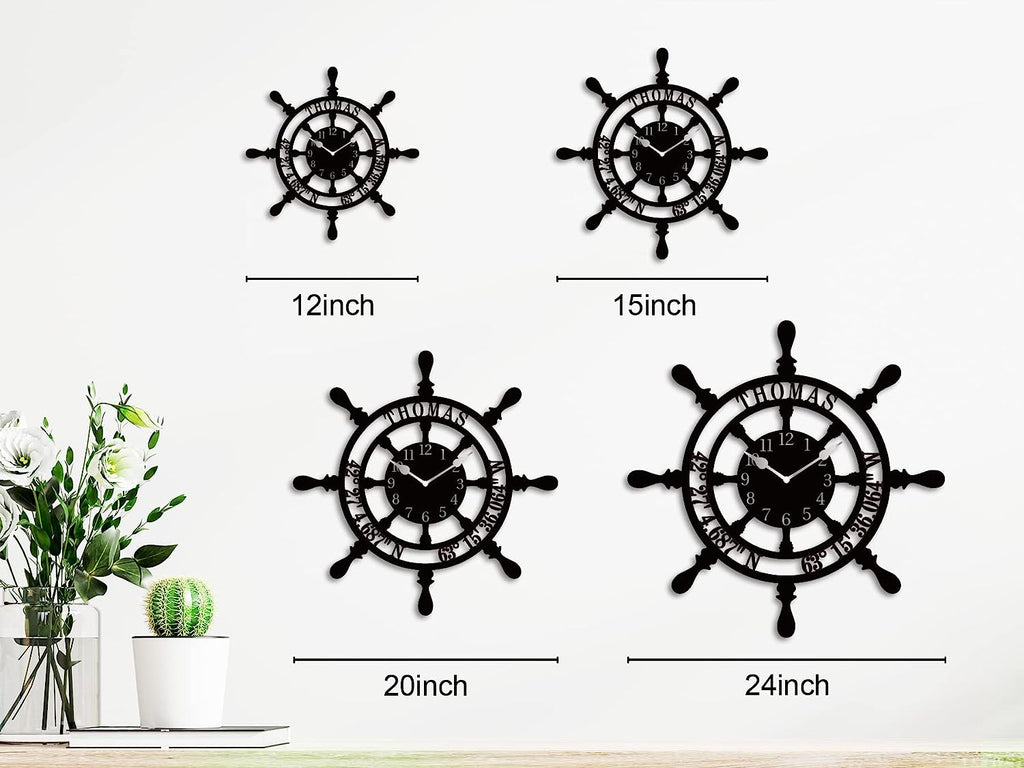 Personalized Nautical Ships Wheel Coordinates Metal Clock