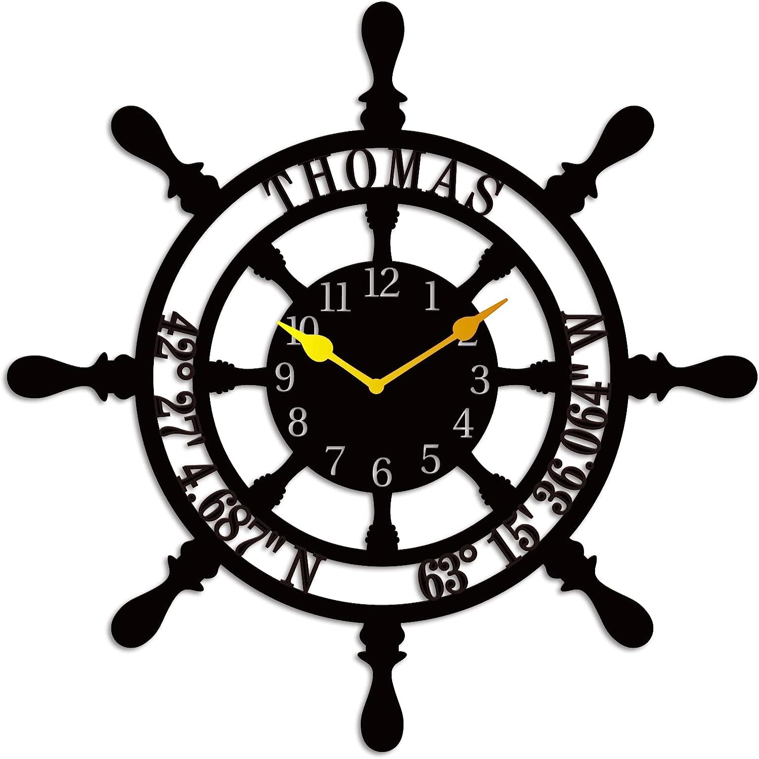 Large personalized black metal wall clock shaped like a ships wheel, featuring laser-cut cutout name Thomas, custom GPS coordinates, and Arabic numbers. Main image