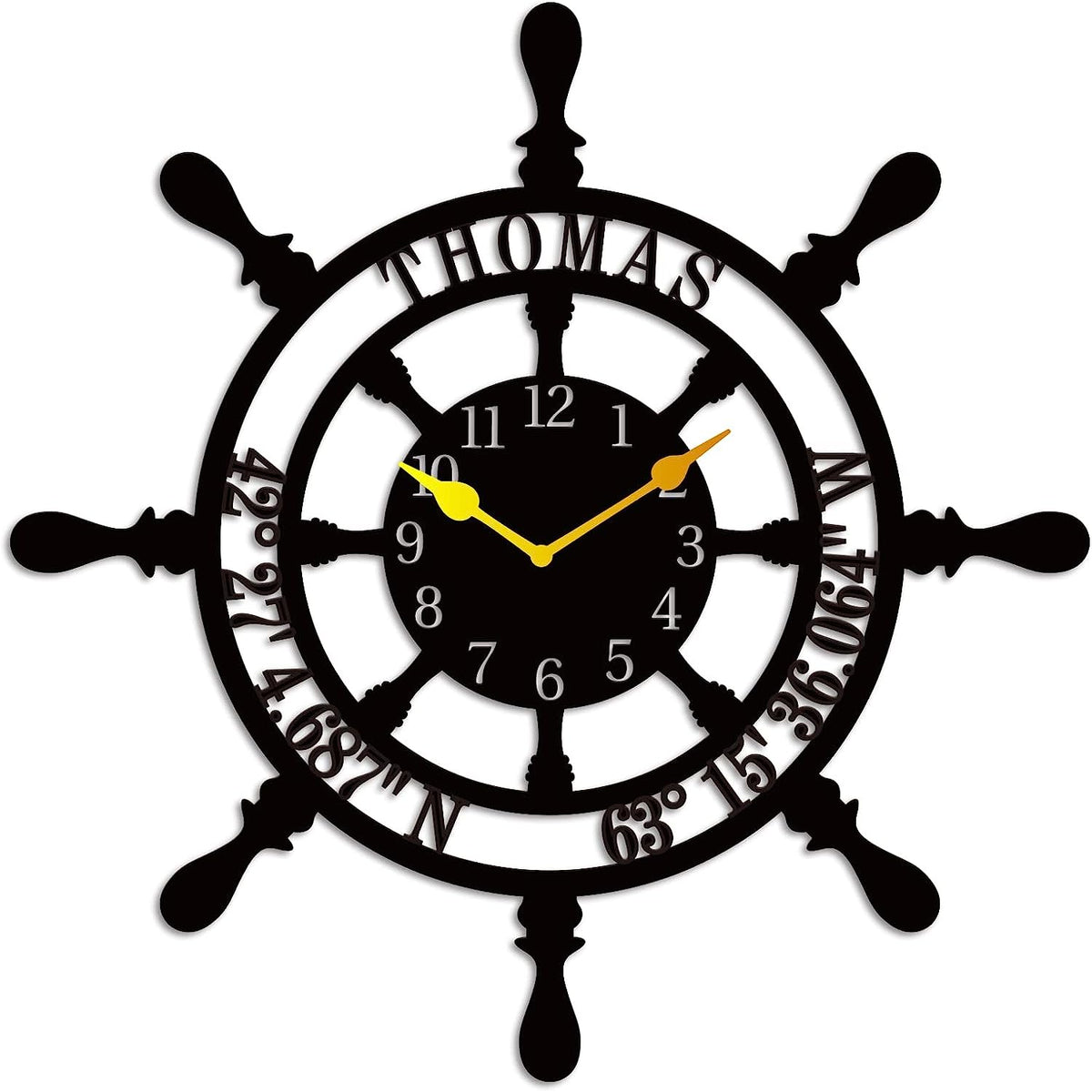 Large personalized black metal wall clock shaped like a ships wheel, featuring laser-cut cutout name Thomas, custom GPS coordinates, and Arabic numbers.