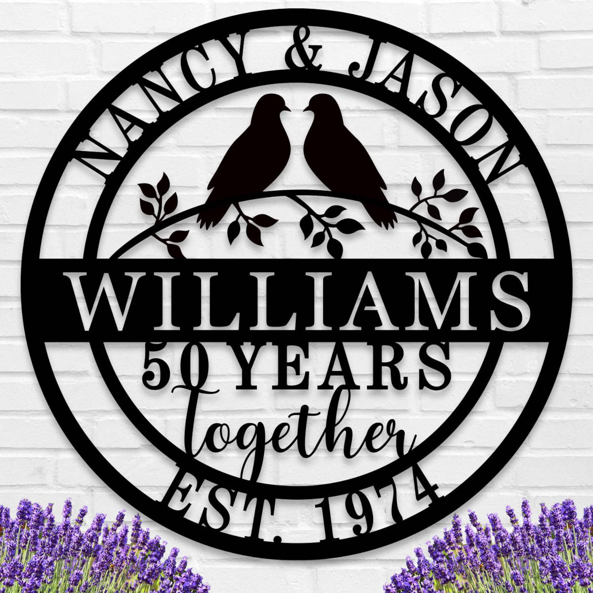 Custom round metal anniversary sign with lovebirds and personalized names and date Main image