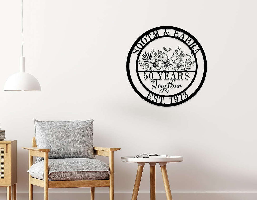 Custom metal sign, anniversary gift, with floral design and “50 YEARS Together” text.