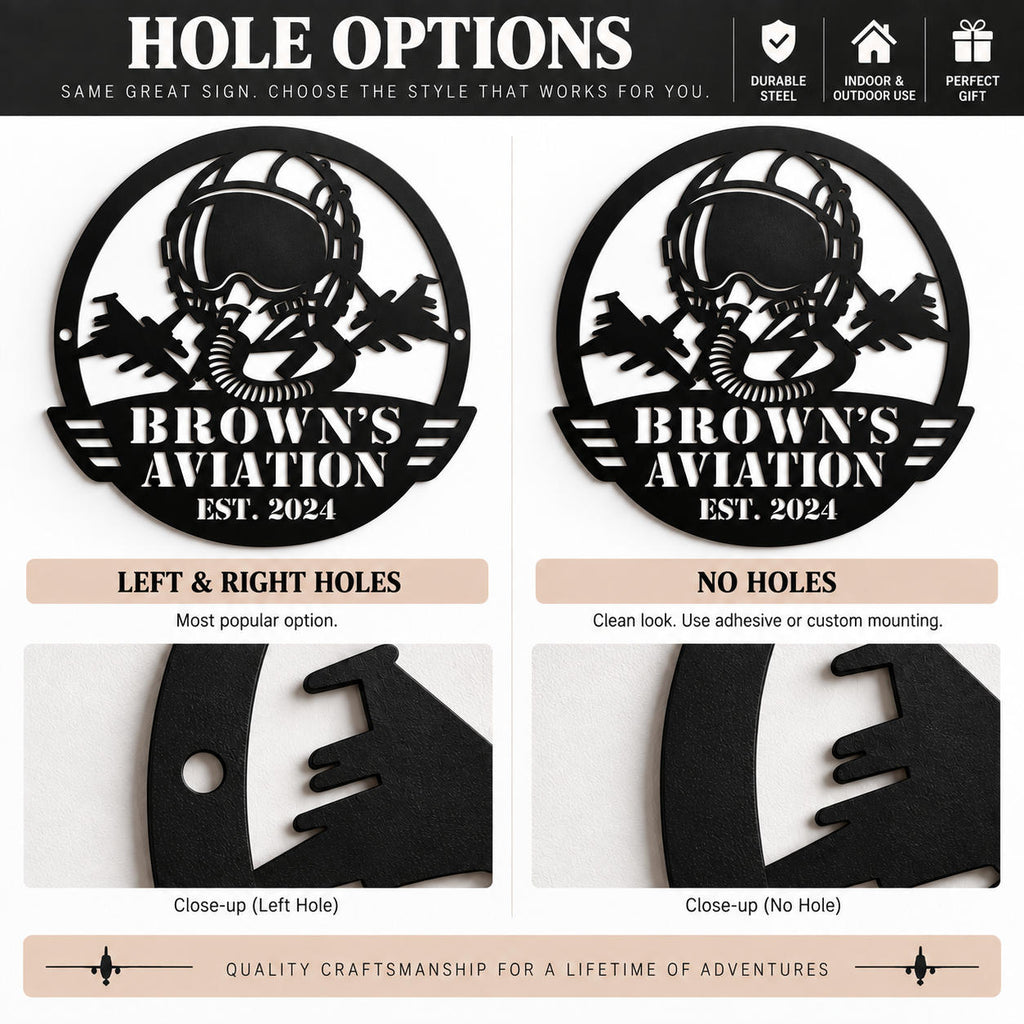 Aviation metal sign hole options showing left and right mounting holes compared with a no-hole design.