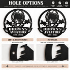 Aviation metal sign hole options showing left and right mounting holes compared with a no-hole design.