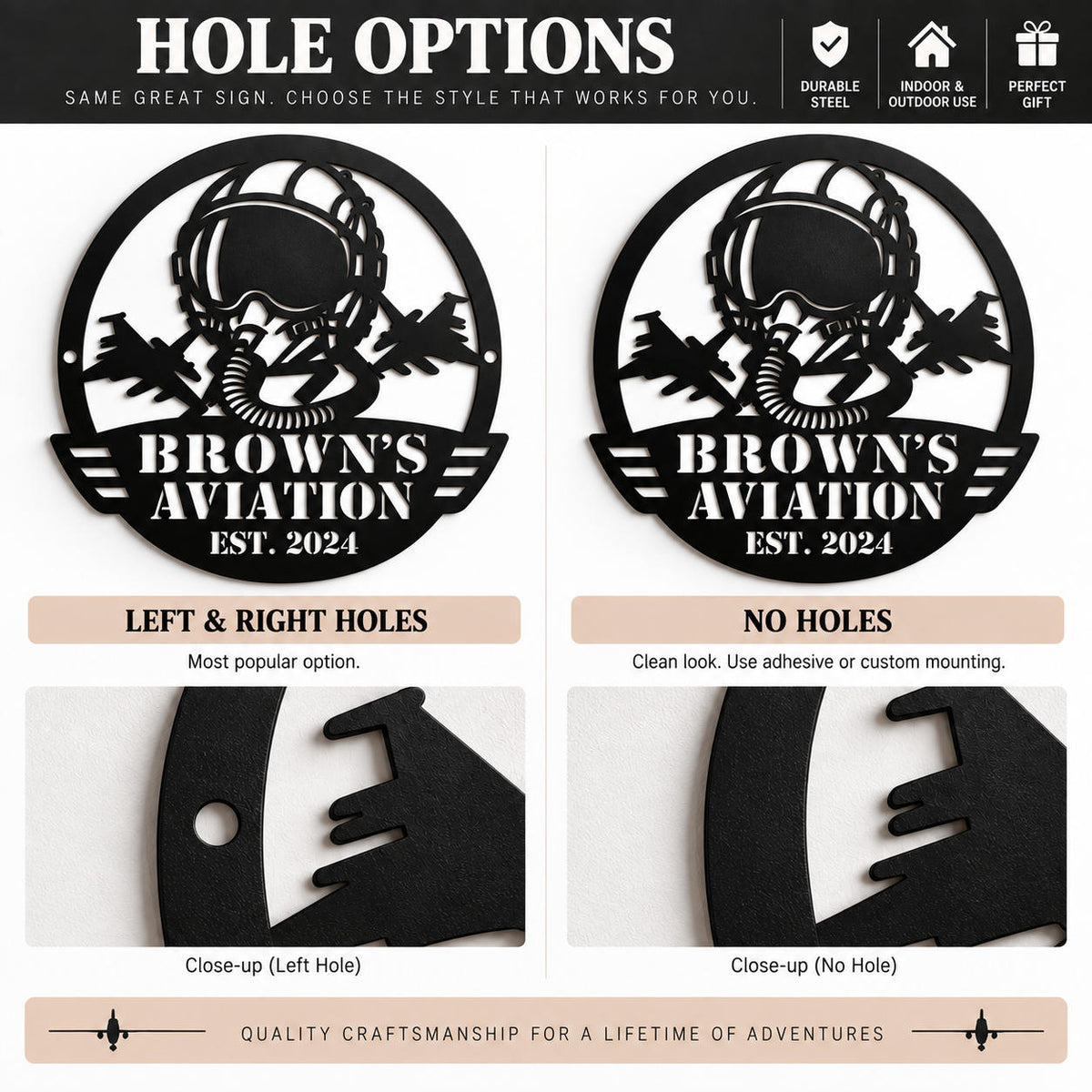 Aviation metal sign hole options showing left and right mounting holes compared with a no-hole design.