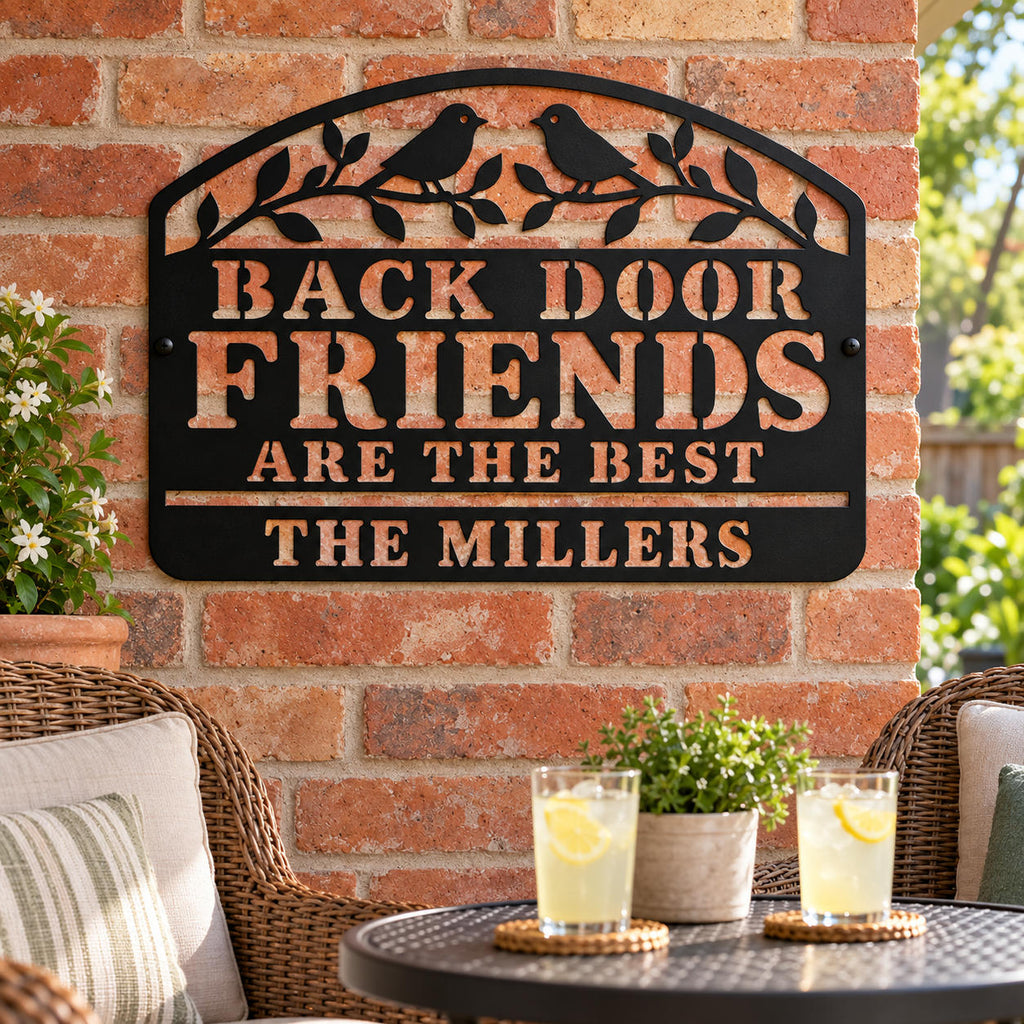 Personalized bird and branch metal sign on a brick patio wall above wicker chairs and a table with lemonade.