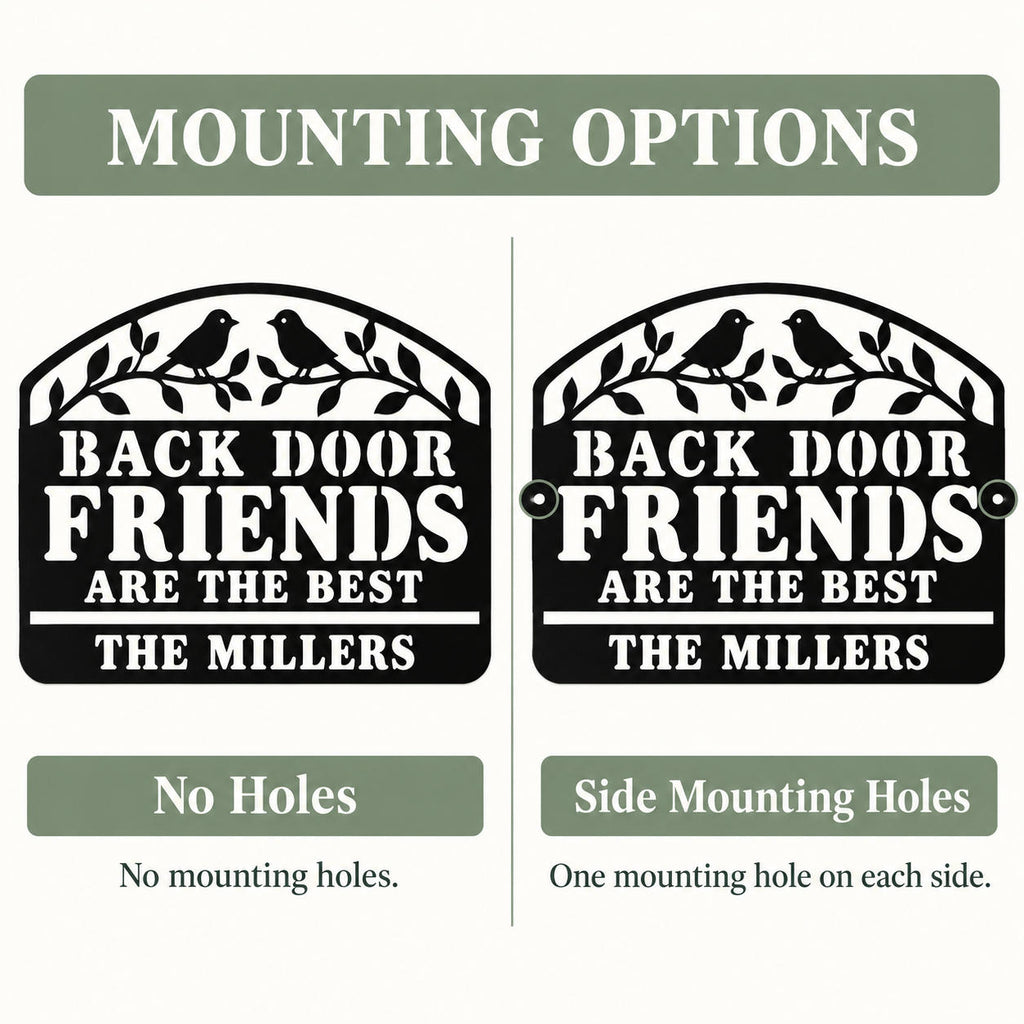 Back Door Friends Are the Best metal sign with its left and right mounting holes highlighted.
