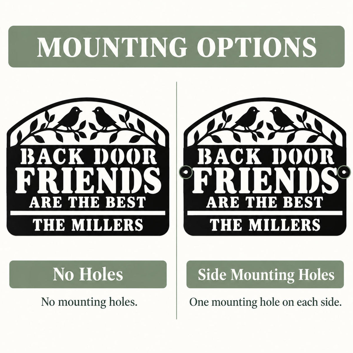 Back Door Friends Are the Best metal sign with its left and right mounting holes highlighted.