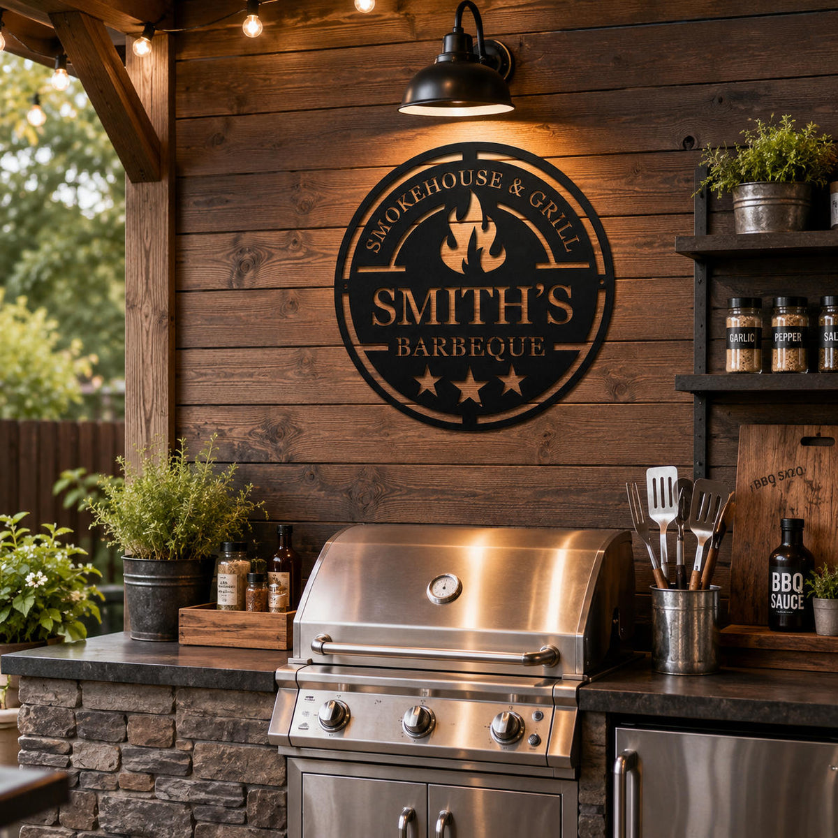 Personalized metal BBQ sign mounted on a rustic backyard grilling patio with outdoor kitchen setup.