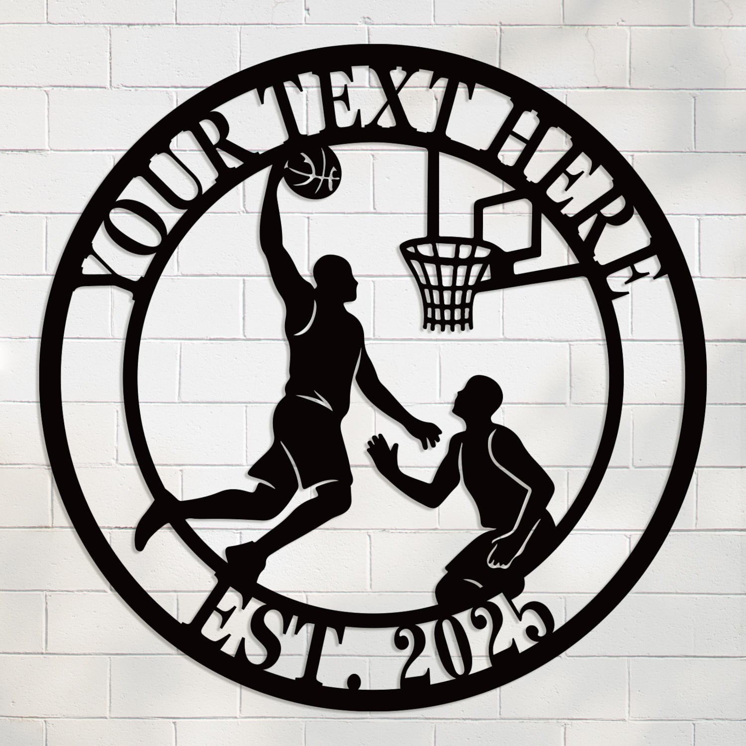 Custom basketball metal sign featuring a dunking player silhouette, personalized text at the top and EST. year at the bottom, perfect for man cave wall decor. Main image