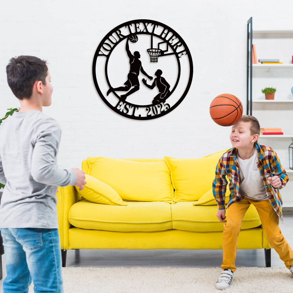 Custom basketball metal sign featuring a dunking player silhouette, personalized text at the top and EST. year at the bottom, perfect for man cave wall decor.