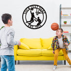 Custom basketball metal sign featuring a dunking player silhouette, personalized text at the top and EST. year at the bottom, perfect for man cave wall decor.