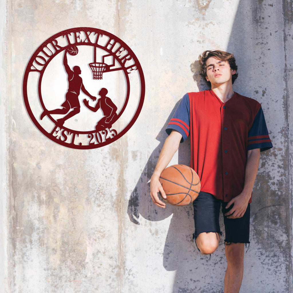 Custom basketball metal sign featuring a dunking player silhouette, personalized text at the top and EST. year at the bottom, perfect for man cave wall decor.