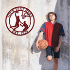 Custom basketball metal sign featuring a dunking player silhouette, personalized text at the top and EST. year at the bottom, perfect for man cave wall decor.