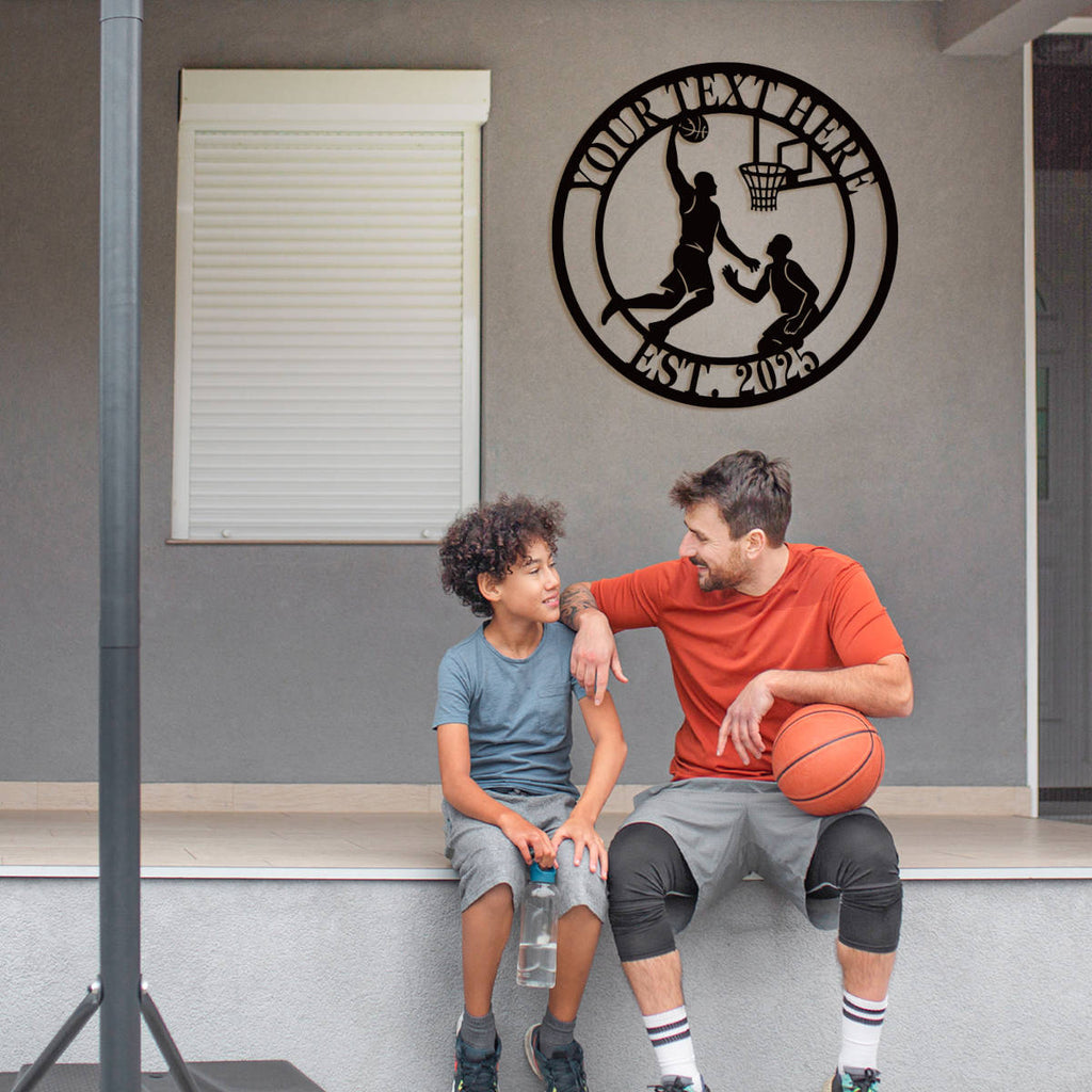 Custom basketball metal sign featuring a dunking player silhouette, personalized text at the top and EST. year at the bottom, perfect for man cave wall decor.