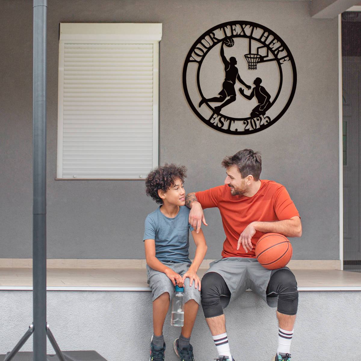 Custom basketball metal sign featuring a dunking player silhouette, personalized text at the top and EST. year at the bottom, perfect for man cave wall decor.