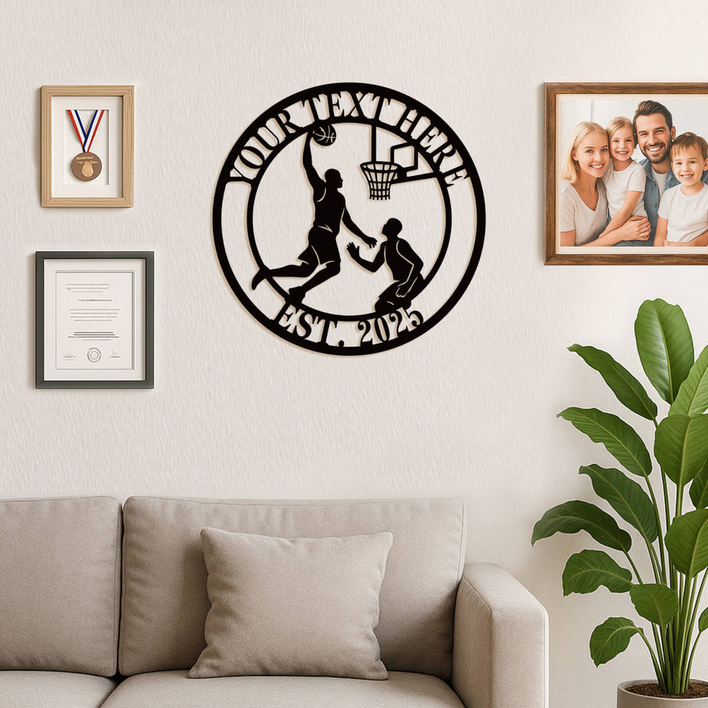 Custom basketball metal sign featuring a dunking player silhouette, personalized text at the top and EST. year at the bottom, perfect for man cave wall decor.