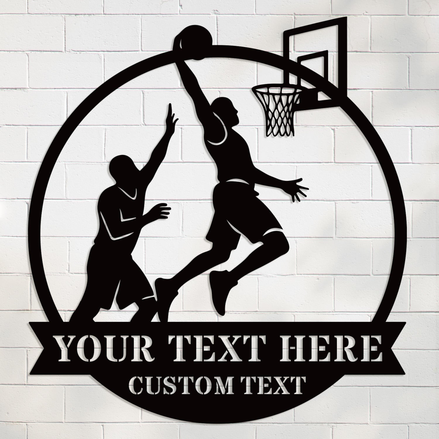 Custom basketball metal wall sign with two players and hoop silhouette, personalized text space, perfect for man cave or sports room decor. Main image