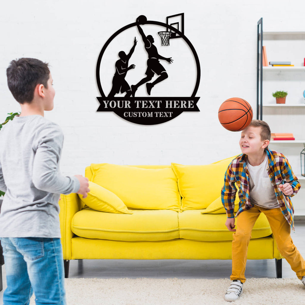 Custom basketball metal wall sign with two players and hoop silhouette, personalized text space, perfect for man cave or sports room decor.