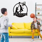 Custom basketball metal wall sign with two players and hoop silhouette, personalized text space, perfect for man cave or sports room decor.